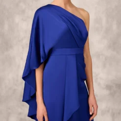 One-Shoulder Satin Draped Sheath Dress With Crepe Back And Cape In Royal Sapphire -Cheap Vesta Gleam Store MD1E206840 AN401 Regular Lifestyle