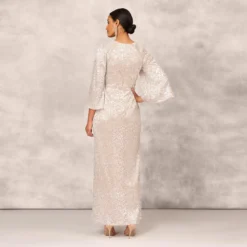 Pleated Foiled Long Column Dress With Slit And Flutter Sleeves In Silver Gold -Cheap Vesta Gleam Store MD1E207436 AH063 Regular Back