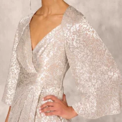 Pleated Foiled Long Column Dress With Slit And Flutter Sleeves In Silver Gold -Cheap Vesta Gleam Store MD1E207436 AH063 Regular Detail