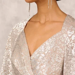 Pleated Foiled Long Column Dress With Slit And Flutter Sleeves In Silver Gold -Cheap Vesta Gleam Store MD1E207436 AH063 Regular Lifestyle