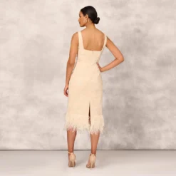 Sequined And Embroidered Midi-Length Sheath Cocktail Dress With Feather Trim In Champagne -Cheap Vesta Gleam Store MD1E207643 AA100 Regular Back