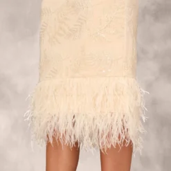 Sequined And Embroidered Midi-Length Sheath Cocktail Dress With Feather Trim In Champagne -Cheap Vesta Gleam Store MD1E207643 AA100 Regular Lifestyle