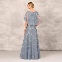 Beaded Ball Gown With Cape Sleeves In Vintage Blue -Cheap Vesta Gleam Store MD1E207719 AC466 Regular Back