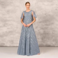 Beaded Ball Gown With Cape Sleeves In Vintage Blue