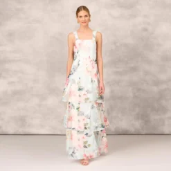 Floral Print Embroidered Long A-Line Gown In Blue Multi