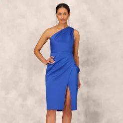 One Shoulder Crepe Cocktail Dress With Slit In Royal Sapphire