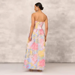 Strapless Floral Ball Gown With Drop Waist In Coral Multi -Cheap Vesta Gleam Store MD1E207911 AA955 Regular Back