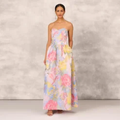 Strapless Floral Ball Gown With Drop Waist In Coral Multi