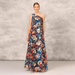 Floral Printed Metallic Organza Burnout One Shoulder Long Ball Gown With Pockets And Slit In Blue Multi