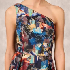 Floral Printed Metallic Organza Burnout One Shoulder Long Ball Gown With Pockets And Slit In Blue Multi -Cheap Vesta Gleam Store MD1E207919 AA461 Regular Detail