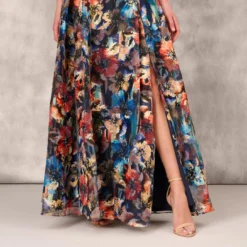 Floral Printed Metallic Organza Burnout One Shoulder Long Ball Gown With Pockets And Slit In Blue Multi -Cheap Vesta Gleam Store MD1E207919 AA461 Regular Lifestyle