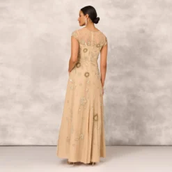 Floral Hand-Beaded Point D Sprit Mesh Illusion Gown In Light Gold -Cheap Vesta Gleam Store MD1E207924 AA267 Regular Back
