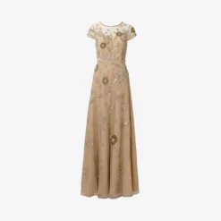 Floral Hand-Beaded Point D Sprit Mesh Illusion Gown In Light Gold -Cheap Vesta Gleam Store MD1E207924 AA267 Regular Flat