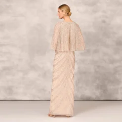 Hand Beaded Long Column Gown With Cape And Slit In Blush -Cheap Vesta Gleam Store MD1E207926 AA248 Regular Back