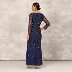 Hand Beaded Illusion Long Mermaid Gown In Navy -Cheap Vesta Gleam Store MD1E207928 AA412 Regular Back