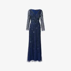 Hand Beaded Illusion Long Mermaid Gown In Navy -Cheap Vesta Gleam Store MD1E207928 AA412 Regular Flat