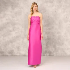 Strapless Mikado Gown With Pleated Bodice In Magenta