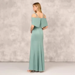 Satin Crepe Column Gown With Beaded Double Strap Details In Green Slate -Cheap Vesta Gleam Store MD1E208155 AA355 Regular Back