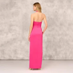 Satin Halter Gown With Rosette Accent In Hot Pink -Cheap Vesta Gleam Store MD1E208156 AA672 Regular Back