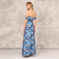 Off The Shoulder Floral Jacquard Gown In Blue Multi -Cheap Vesta Gleam Store MD1E208165 AA461 Regular Back
