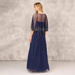 Beaded Strapless Gown With Sheer Removable Cape In Navy -Cheap Vesta Gleam Store MD1E208169 AA412 Regular Back