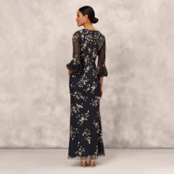 Floral Sequin Beaded Gown With Three-Quarter Length Bell Sleeves In Twilight -Cheap Vesta Gleam Store MD1E208425 AD410 Regular Back