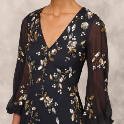 Floral Sequin Beaded Gown With Three-Quarter Length Bell Sleeves In Twilight -Cheap Vesta Gleam Store MD1E208425 AD410 Regular Detail
