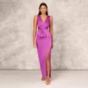 Sleeveless Satin Crepe Column Gown With Bow Waist In Wild Orchid