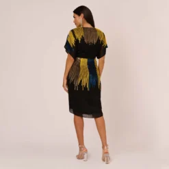 Beaded Faux Wrap Dress With Dolman Sleeves In Black Multi -Cheap Vesta Gleam Store MN1E206112 AA960 Regular Back