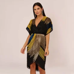 Beaded Faux Wrap Dress With Dolman Sleeves In Black Multi