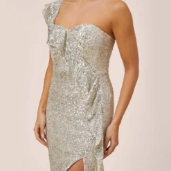Sequined One-Shoulder Midi-Length Cocktail Dress With Ruffle In Champagne Silver -Cheap Vesta Gleam Store MN1E206313 AJ298 Regular Alternate