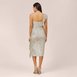 Sequined One-Shoulder Midi-Length Cocktail Dress With Ruffle In Champagne Silver -Cheap Vesta Gleam Store MN1E206313 AJ298 Regular Back