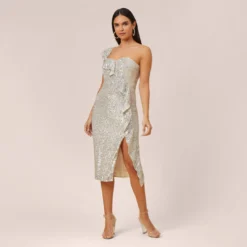 Sequined One-Shoulder Midi-Length Cocktail Dress With Ruffle In Champagne Silver