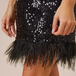 Sequined Trapeze Halter Dress With Feather Trim In Black -Cheap Vesta Gleam Store MN1E206390 AA002 Regular Alternate
