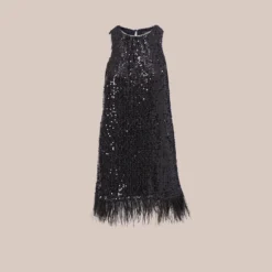 Sequined Trapeze Halter Dress With Feather Trim In Black -Cheap Vesta Gleam Store MN1E206390 AA002 Regular Flat