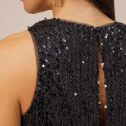 Sequined Trapeze Halter Dress With Feather Trim In Black -Cheap Vesta Gleam Store MN1E206390 AA002 Regular Side