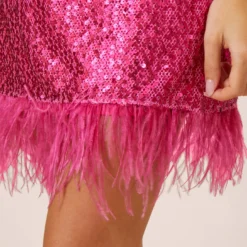 Sequined Trapeze Halter Dress With Feather Trim In Hot Pink -Cheap Vesta Gleam Store MN1E206390 AA672 Regular Alternate