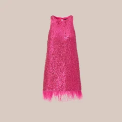 Sequined Trapeze Halter Dress With Feather Trim In Hot Pink -Cheap Vesta Gleam Store MN1E206390 AA672 Regular Flat