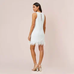 Sequined Trapeze Halter Dress With Feather Trim In Ivory -Cheap Vesta Gleam Store MN1E206390 AC194 Regular Back