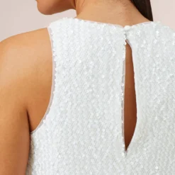 Sequined Trapeze Halter Dress With Feather Trim In Ivory -Cheap Vesta Gleam Store MN1E206390 AC194 Regular Side