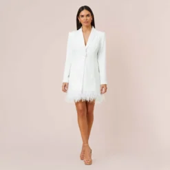 Charmeuse Tuxedo Short Sheath Cocktail Dress With Feather Trim In Ivory