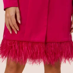 Charmeuse Tuxedo Short Sheath Cocktail Dress With Feather Trim In Bright Rose -Cheap Vesta Gleam Store MN1E206883 AN670 Regular Alternate