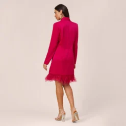 Charmeuse Tuxedo Short Sheath Cocktail Dress With Feather Trim In Bright Rose -Cheap Vesta Gleam Store MN1E206883 AN670 Regular Back