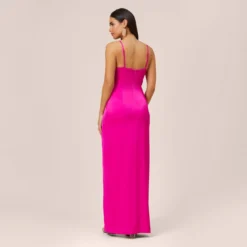 Stretch Satin Cowl Neck Long Column Gown With Slit In Pink Flame -Cheap Vesta Gleam Store MN1E206926 AR670 Regular Back