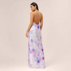 Watercolor Print Satin Gown In Purple Multi -Cheap Vesta Gleam Store MN1E206966 AA592 Regular Back