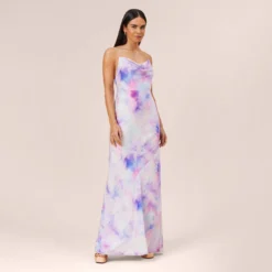 Watercolor Print Satin Gown In Purple Multi