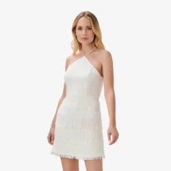 Fringe-Trim Short Sheath Cocktail Halter Dress In Ivory