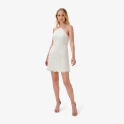 Fringe-Trim Short Sheath Cocktail Halter Dress In Ivory -Cheap Vesta Gleam Store MN1E207151 AC194 Regular Side