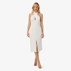 Satin Crisscross Halter Midi-Length Cocktail Dress In Ivory