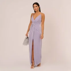 Lurex Knit Column Gown With Gathered Details In Lilac